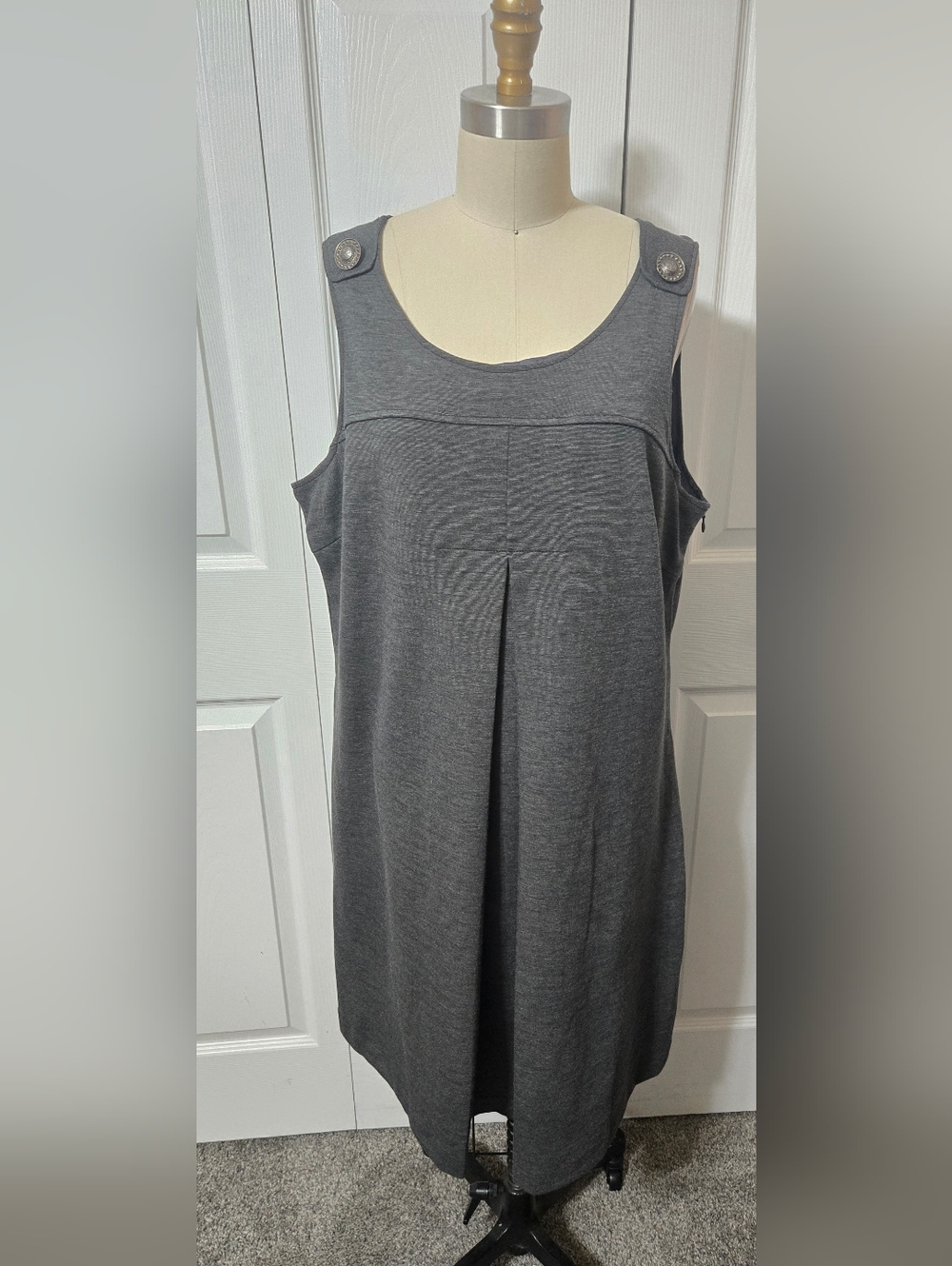 Gray Sleeveless Dress, Metal Buttons, Size XL, Excellent Condition